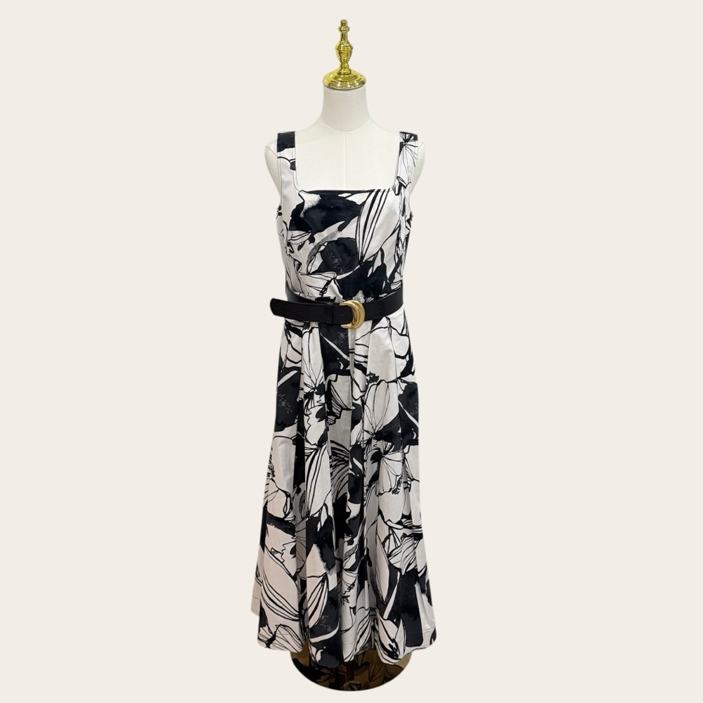 Donna Karan Floral Square Neck Belted Sateen Cotton Midi Dress Black/Pristine - Picture 9 of 16